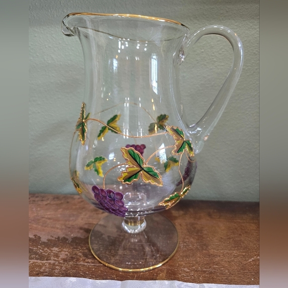 Romanian Stained Glass Pitcher with Grape and Leaf Design With 22k Gold Trim - Picture 1 of 6